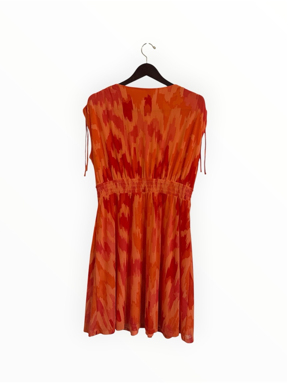 Old Navy Vivid Orange Red Patterned V-Neck Dress Size L Stretchy Mesh Fabric - Picture 2 of 5